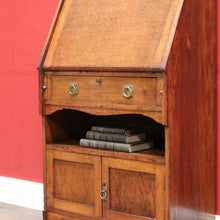 Load image into Gallery viewer, x SOLD Antique English Oak Slimline Drop Front Writing Bureau with Brass Handles Arts and Crafts Era. B12687
