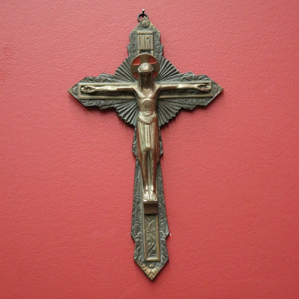 x SOLD Antique French Brass Wall Hanging Crucifix, Christ on the Cross, Home Worship. B11612