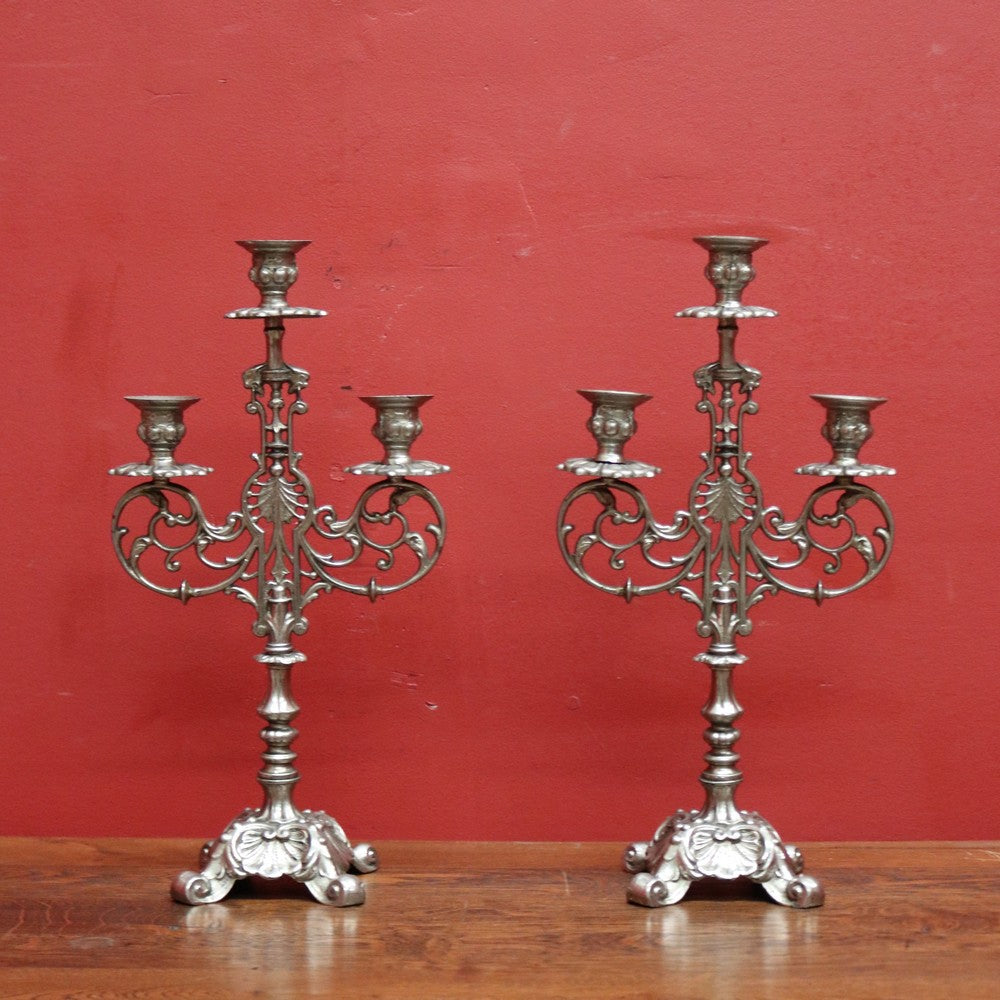 A Pair of Antique French Pewter Candlestick Holders, Table Candelabras. B11140