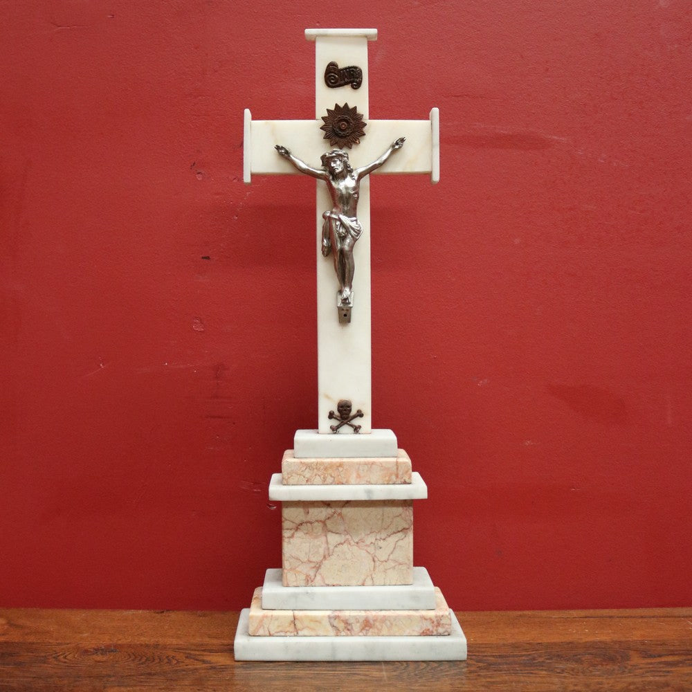 Antique French Marble and Pewter Crucifix, Home Worship Christ on the Cross. B11440