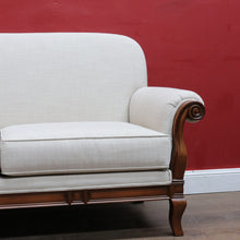Load image into Gallery viewer, Vintage European Walnut Two Seater Sofa with Neutral Linen Style Upholstery. B13120
