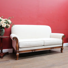 Load image into Gallery viewer, Vintage European Walnut Two Seater Sofa with Neutral Linen Style Upholstery. B13120
