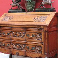 Load image into Gallery viewer, x SOLD Antique French Writing Bureau with Shaped Drawer Fronts Brass Handles Internal Drawers and Scroll Feet. B12738

