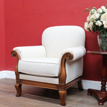 Load image into Gallery viewer, Pair of Vintage European Walnut Upholstered Armchairs, Linen Fabric. B13122

