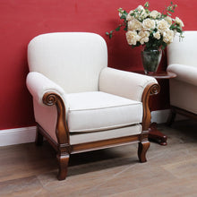 Load image into Gallery viewer, Pair of Vintage European Walnut Upholstered Armchairs, Linen Fabric. B13122
