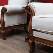 Load image into Gallery viewer, Pair of Vintage European Walnut Upholstered Armchairs, Linen Fabric. B13122
