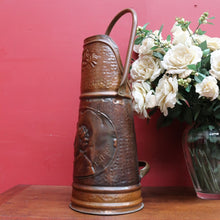 Load image into Gallery viewer, x SOLD Antique Dutch Copper Coal Scuttle Marked Hubens with Musketeer Imprint and Dual Handles. B12856
