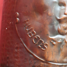 Load image into Gallery viewer, x SOLD Antique Dutch Copper Coal Scuttle Marked Hubens with Musketeer Imprint and Dual Handles. B12856
