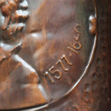 Load image into Gallery viewer, x SOLD Antique Dutch Copper Coal Scuttle Marked Hubens with Musketeer Imprint and Dual Handles. B12856

