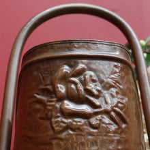 Load image into Gallery viewer, x SOLD Antique Dutch Copper Coal Scuttle Marked Hubens with Musketeer Imprint and Dual Handles. B12856
