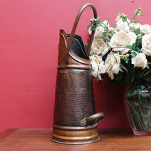Load image into Gallery viewer, x SOLD Antique Dutch Copper Coal Scuttle Marked Hubens with Musketeer Imprint and Dual Handles. B12856
