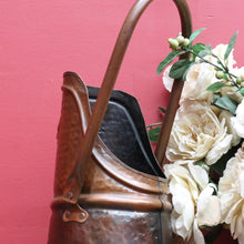Load image into Gallery viewer, x SOLD Antique Dutch Copper Coal Scuttle Marked Hubens with Musketeer Imprint and Dual Handles. B12856
