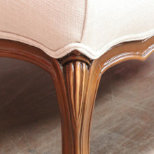 Load image into Gallery viewer, Vintage European Walnut Upholstered Footstool Ottoman, Linen Fabric. B13121
