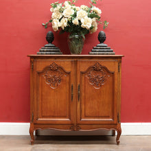 Load image into Gallery viewer, x SOLD Antique French Oak Two Door Cabinet with Carved Detail Brass Escutcheons Narrow Depth and Key. B12855
