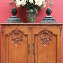 Load image into Gallery viewer, x SOLD Antique French Oak Two Door Cabinet with Carved Detail Brass Escutcheons Narrow Depth and Key. B12855
