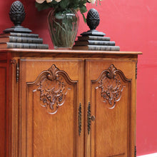 Load image into Gallery viewer, x SOLD Antique French Oak Two Door Cabinet with Carved Detail Brass Escutcheons Narrow Depth and Key. B12855

