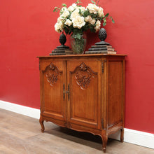 Load image into Gallery viewer, x SOLD Antique French Oak Two Door Cabinet with Carved Detail Brass Escutcheons Narrow Depth and Key. B12855

