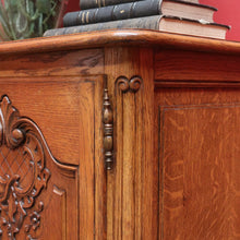 Load image into Gallery viewer, x SOLD Antique French Oak Two Door Cabinet with Carved Detail Brass Escutcheons Narrow Depth and Key. B12855
