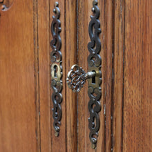 Load image into Gallery viewer, x SOLD Antique French Oak Two Door Cabinet with Carved Detail Brass Escutcheons Narrow Depth and Key. B12855
