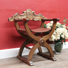 Load image into Gallery viewer, Vintage Italian Savonarola Style Leather Seat Chair with Carved Coat of Arms. B13098
