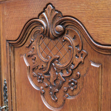 Load image into Gallery viewer, x SOLD Antique French Oak Two Door Cabinet with Carved Detail Brass Escutcheons Narrow Depth and Key. B12855
