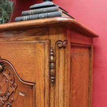 Load image into Gallery viewer, x SOLD Antique French Oak Two Door Cabinet with Carved Detail Brass Escutcheons Narrow Depth and Key. B12855

