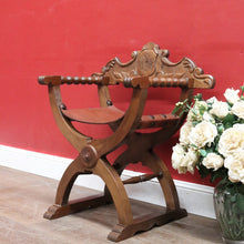 Load image into Gallery viewer, Vintage Italian Savonarola Style Leather Seat Chair with Carved Coat of Arms. B13098
