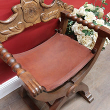 Load image into Gallery viewer, Vintage Italian Savonarola Style Leather Seat Chair with Carved Coat of Arms. B13098
