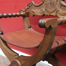 Load image into Gallery viewer, Vintage Italian Savonarola Style Leather Seat Chair with Carved Coat of Arms. B13098
