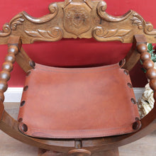 Load image into Gallery viewer, Vintage Italian Savonarola Style Leather Seat Chair with Carved Coat of Arms. B13098
