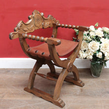 Load image into Gallery viewer, Vintage Italian Savonarola Style Leather Seat Chair with Carved Coat of Arms. B13098
