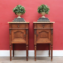 Load image into Gallery viewer, x SOLD Pair of French Oak Bedside Tables with Eggshell Marble Tops Brass Drop Handles and Storage. B12742
