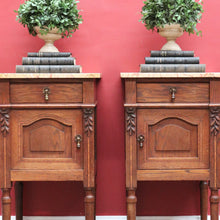 Load image into Gallery viewer, x SOLD Pair of French Oak Bedside Tables with Eggshell Marble Tops Brass Drop Handles and Storage. B12742
