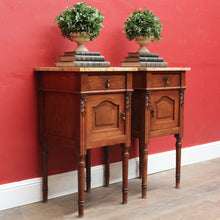 Load image into Gallery viewer, x SOLD Pair of French Oak Bedside Tables with Eggshell Marble Tops Brass Drop Handles and Storage. B12742
