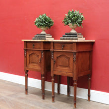 Load image into Gallery viewer, x SOLD Pair of French Oak Bedside Tables with Eggshell Marble Tops Brass Drop Handles and Storage. B12742
