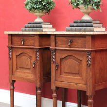 Load image into Gallery viewer, x SOLD Pair of French Oak Bedside Tables with Eggshell Marble Tops Brass Drop Handles and Storage. B12742

