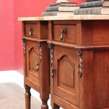 Load image into Gallery viewer, x SOLD Pair of French Oak Bedside Tables with Eggshell Marble Tops Brass Drop Handles and Storage. B12742
