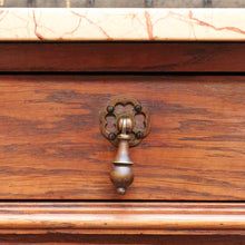 Load image into Gallery viewer, x SOLD Pair of French Oak Bedside Tables with Eggshell Marble Tops Brass Drop Handles and Storage. B12742
