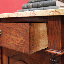 Load image into Gallery viewer, x SOLD Pair of French Oak Bedside Tables with Eggshell Marble Tops Brass Drop Handles and Storage. B12742
