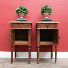 Load image into Gallery viewer, x SOLD Pair of French Oak Bedside Tables with Eggshell Marble Tops Brass Drop Handles and Storage. B12742
