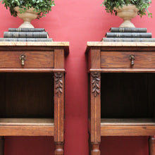 Load image into Gallery viewer, x SOLD Pair of French Oak Bedside Tables with Eggshell Marble Tops Brass Drop Handles and Storage. B12742
