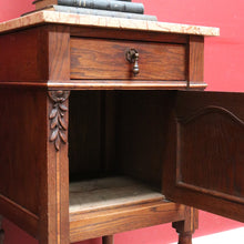 Load image into Gallery viewer, x SOLD Pair of French Oak Bedside Tables with Eggshell Marble Tops Brass Drop Handles and Storage. B12742
