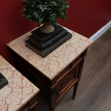 Load image into Gallery viewer, x SOLD Pair of French Oak Bedside Tables with Eggshell Marble Tops Brass Drop Handles and Storage. B12742

