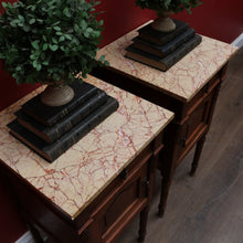 Load image into Gallery viewer, x SOLD Pair of French Oak Bedside Tables with Eggshell Marble Tops Brass Drop Handles and Storage. B12742
