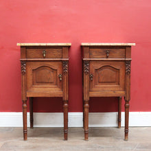 Load image into Gallery viewer, x SOLD Pair of French Oak Bedside Tables with Eggshell Marble Tops Brass Drop Handles and Storage. B12742
