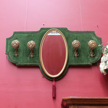 Load image into Gallery viewer, x SOLD Antique French Coat Rack with Four Large Hooks Green Velvet Backing and Oval Mirror. B12796
