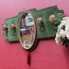 Load image into Gallery viewer, x SOLD Antique French Coat Rack with Four Large Hooks Green Velvet Backing and Oval Mirror. B12796
