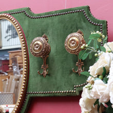Load image into Gallery viewer, x SOLD Antique French Coat Rack with Four Large Hooks Green Velvet Backing and Oval Mirror. B12796
