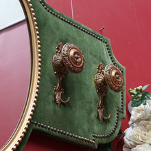Load image into Gallery viewer, x SOLD Antique French Coat Rack with Four Large Hooks Green Velvet Backing and Oval Mirror. B12796
