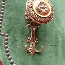 Load image into Gallery viewer, x SOLD Antique French Coat Rack with Four Large Hooks Green Velvet Backing and Oval Mirror. B12796
